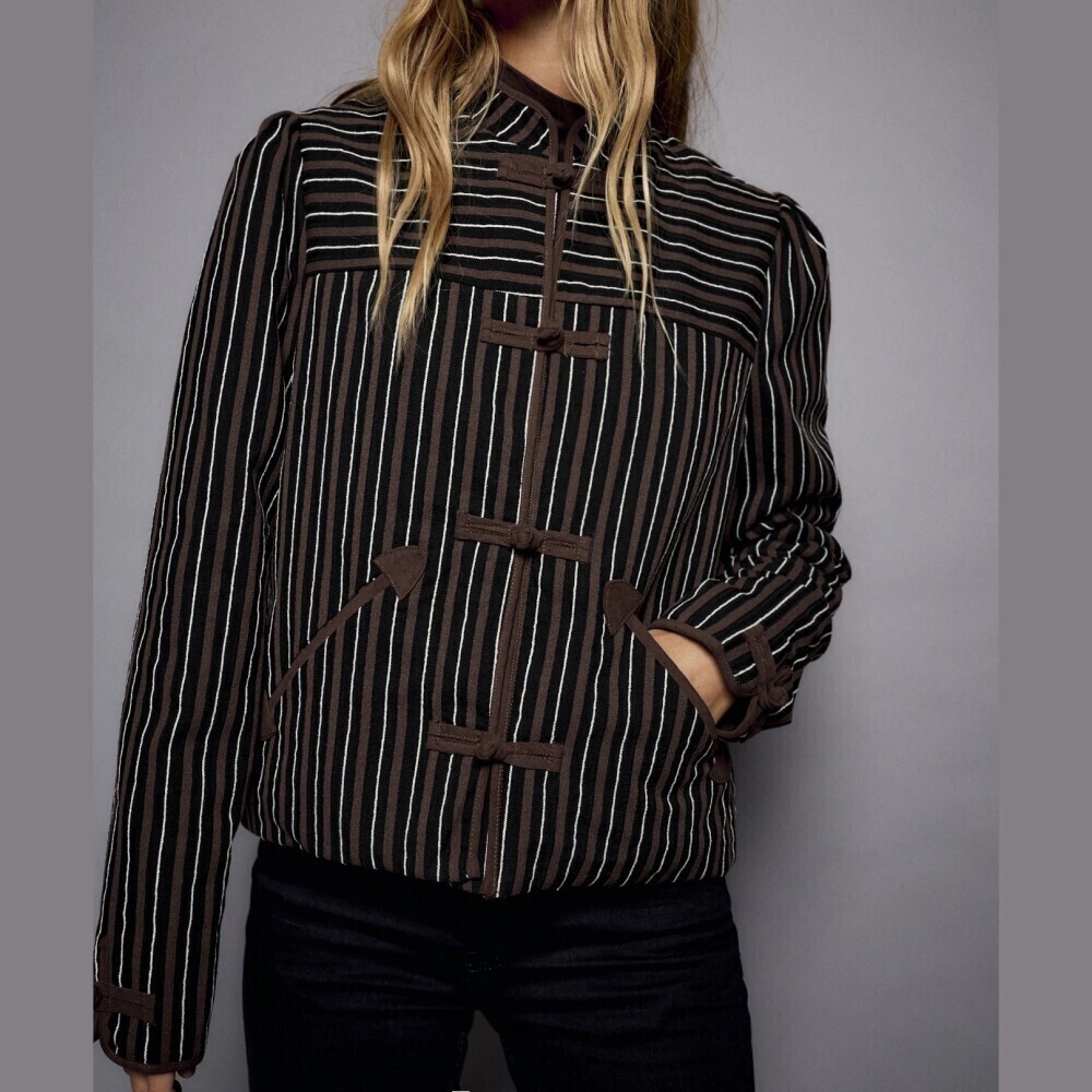 Brown / Black Striped Toggle Front Stand Collar Cropped Jacket